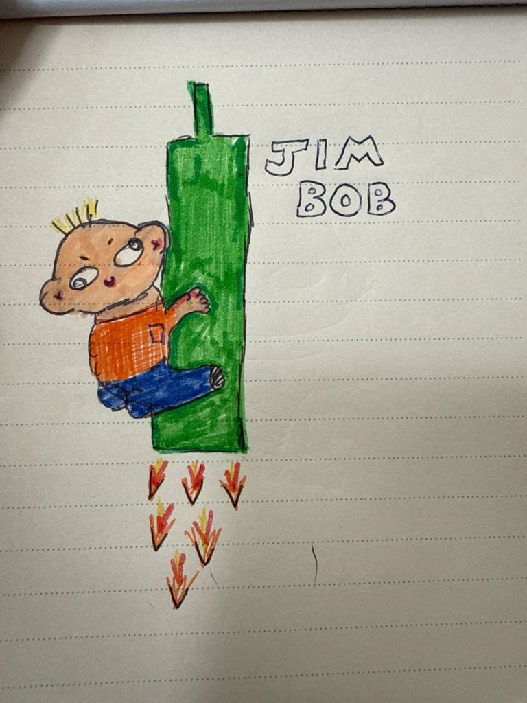 Jim Bob hugging a green rocket candle blasting off